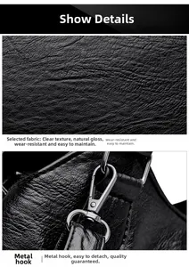 Macro detail of black litchi grain leather fabric with silver metal swivel hooks