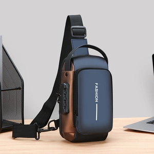 Men Anti Theft Chest Bag Waterproof PU Leather Crossbody Shoulder Bag With USB Charging Port And Password Lock Fashion Casual