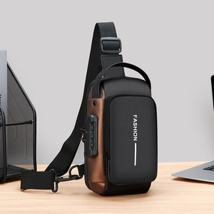 Anti-theft chest bag with combo lock, USB charging port, and fashion logo design
