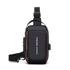 Waterproof anti-theft chest bag for men with USB port and combination lock in black brown