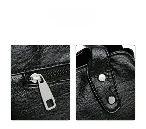 Detail of silver zipper and rivet on black lychee texture faux leather shoulder bag