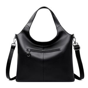 Classic black litchi grain leather tote bag with top handles and shoulder strap