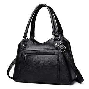 Large black pebbled PU leather tote bag with silver hardware and detachable strap