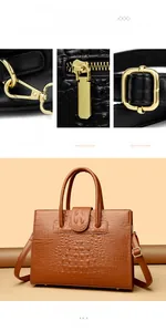 Detailed view of the brown crocodile pattern texture and premium gold-toned hardware hooks