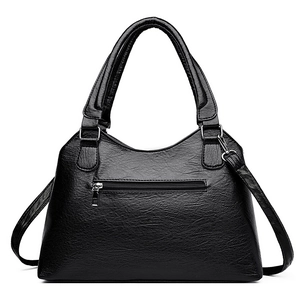 Large capacity vintage black PU leather tote bag with silver hardware and back zip pocket