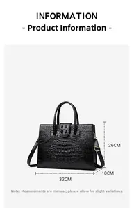 Detailed size guide for black crocodile pattern tote bag showing 32x26x10 cm dimensions