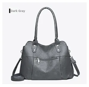 Détails du grand sac cabas gris foncé vintage en cuir souple avec poche zippée devant
