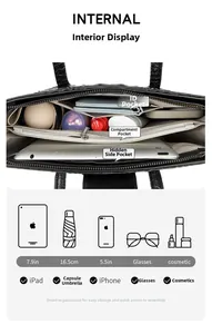 Detail view of large capacity interior with organized pockets and zip compartment for handbag