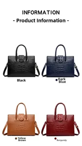 Detailed grid view of crocodile embossed leather handbags in black, navy, tan and wine red