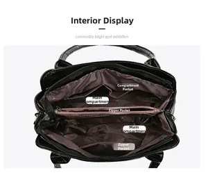 Vue intérieure du sac en similicuir noir montrant plusieurs compartiments et doublure