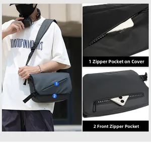Detail view of water-resistant black messenger bag showing zipper pockets and adjustable strap