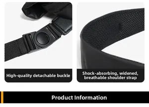 Close-up of detachable swivel buckle and wide breathable mesh shoulder strap on bag