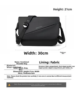 Detailed size chart and internal structure of this waterproof black tactical crossbody bag