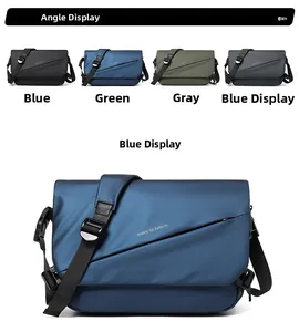 Waterproof men's messenger bag detail showing color options and front zipper pocket design