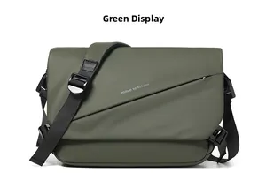 Detail of green waterproof crossbody bag with front zipper and move to future text