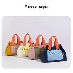 Four colorful nylon drawstring tote bags featuring contrasting pockets and orange handles