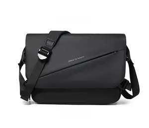 Detail of waterproof black messenger bag featuring move to future print and zipper