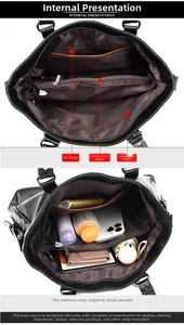 Structure interne du sac fourre-tout en cuir noir avec compartiments et capacité