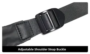 Close-up of the adjustable buckle and durable nylon shoulder strap of this black bag