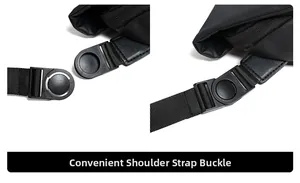 Close-up of quick-release shoulder strap buckle and buckle operation for men's messenger bag