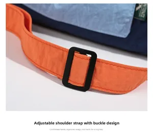Detail of adjustable orange nylon shoulder strap with a sturdy black plastic buckle ring