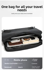 Detailed interior of a black waterproof crossbody bag showing multiple storage compartments