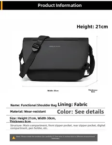 Detailed dimension layout of a black functional crossbody bag with multi-pocket storage