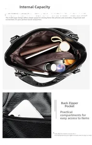 Black pebbled leather tote bag with brown lining, multi-compartment interior, and rear zip pocket