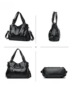 Detailed four-angle views of a black lychee texture leather handbag with shoulder strap