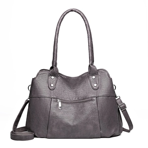 Vintage large capacity dark grey soft leather shoulder bag with adjustable strap