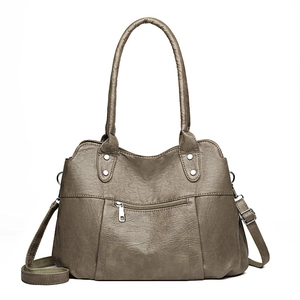 Retro taupe tote bag in litchi grain leather with front zipper and silver rivets