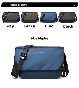 Detail view of water-resistant messenger bag with metal buckle and adjustable strap
