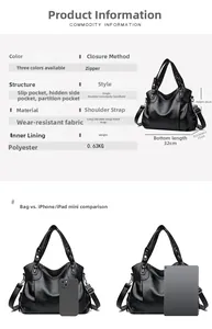 Detailed size chart and internal structure diagram of the large capacity crossbody handbag