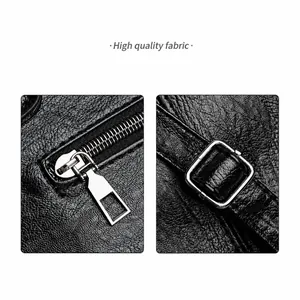 Detailed close-up of premium black lychee-textured leather fabric and silver metal hardware