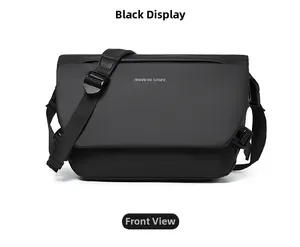 Front view of black waterproof messenger bag featuring Move to Future text detail