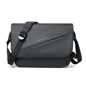 Waterproof dark grey messenger bag with Move to Future print and adjustable strap