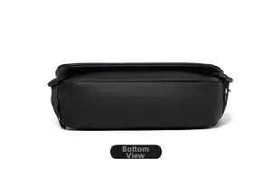 Flat bottom view of a black waterproof crossbody bag showing rectangular shape and texture