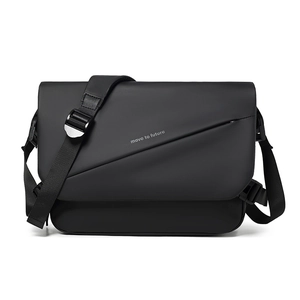 Waterproof black crossbody messenger bag with flip cover and move to future slogan