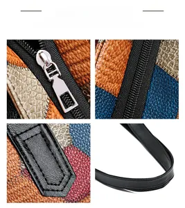 Close-up of multicolored PU leather stitching and metal zipper detail on women's tote bag