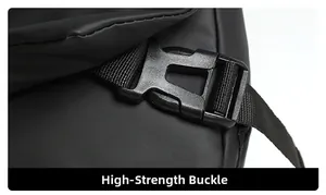 Detail of high-strength plastic buckle and waterproof matte fabric on black crossbody bag