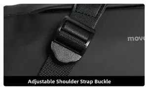 Detail view of the adjustable strap buckle and durable woven webbing on the black crossbody bag