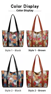 Detailed grid view of plaid PU leather tote bags in black and brown geometric patterns