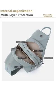 Detailed interior of a blue nylon backpack showing multiple storage compartments and pockets