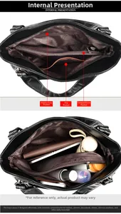 Internal structure of large black leather tote bag showing pockets and storage capacity
