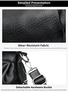 Close-up of textured wear-resistant leather and detachable metal hardware on black handbag