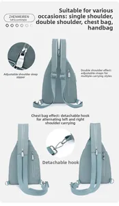 Detail of multi-way nylon backpack showing zipper convertible shoulder straps and metal hooks