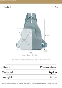Detailed spec diagram of a light blue nylon backpack showing dimensions and dual main compartments
