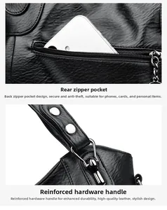 Detail of black leather handbag featuring back anti-theft zipper pocket and metal hardware