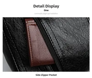 Macro shot of litchi texture leather side zipper pocket with brown trim detailing