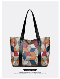 Detail of colorful geometric patchwork tote bag with high-quality PU leather stitching
